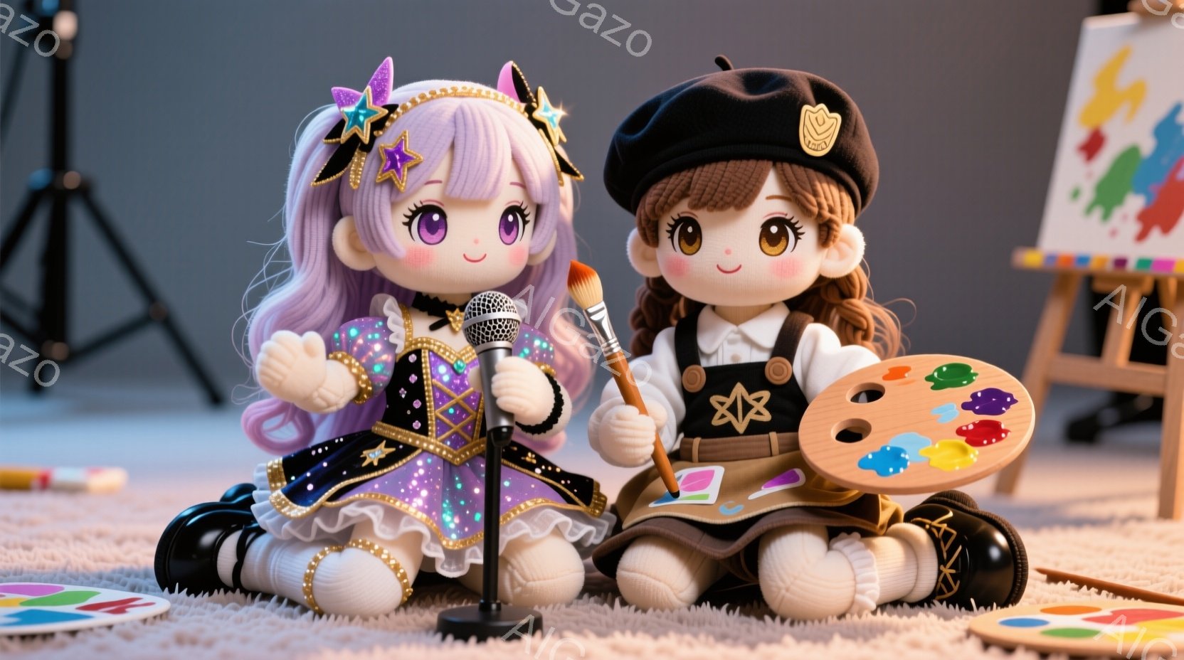 2体の可愛らしい人形が、薄いピンク色のカーペットの上に座っています。左の紫髪の人形は、スパンコールが付いた黒いドレスと、星の飾りをつけたヘアスタイルで、マイクを持って歌うようにポーズをとっています。右の茶髪の人形は、ベレー帽とオーバーオールを着て、絵筆とパレットを持って芸術家のように座り、背景にはイーゼルと絵の具が置かれています。