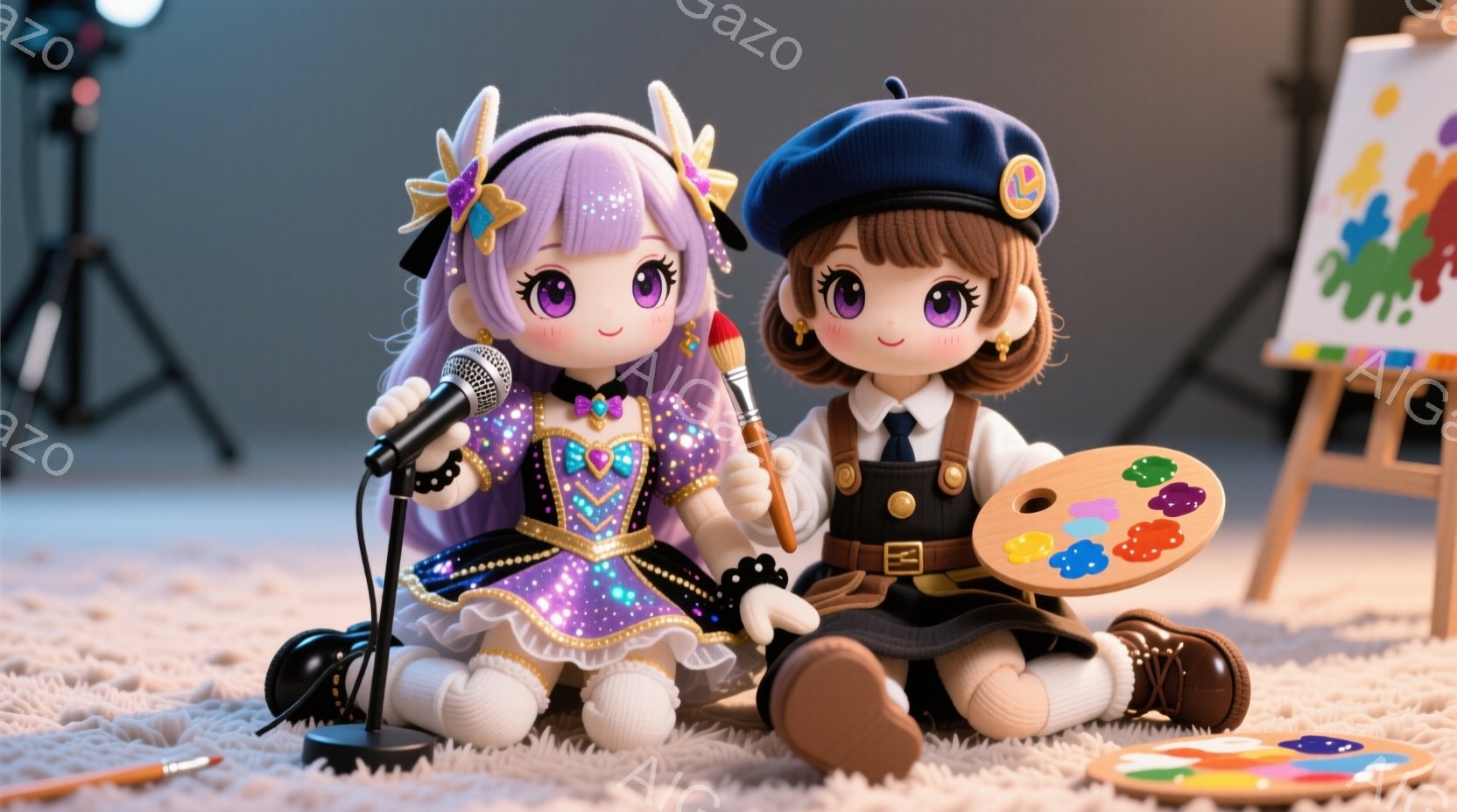 二人の人形が毛皮のような敷物の上に座っています。紫色の髪に星の飾りを付けた人形は、マイクを持って歌うようなポーズをしており、茶色の髪の短い髪の人形は、絵筆とパレットを持って芸術家のように見えます。背景にはイーゼルと絵の具があり、カラフルで創造的な雰囲気が漂っています。