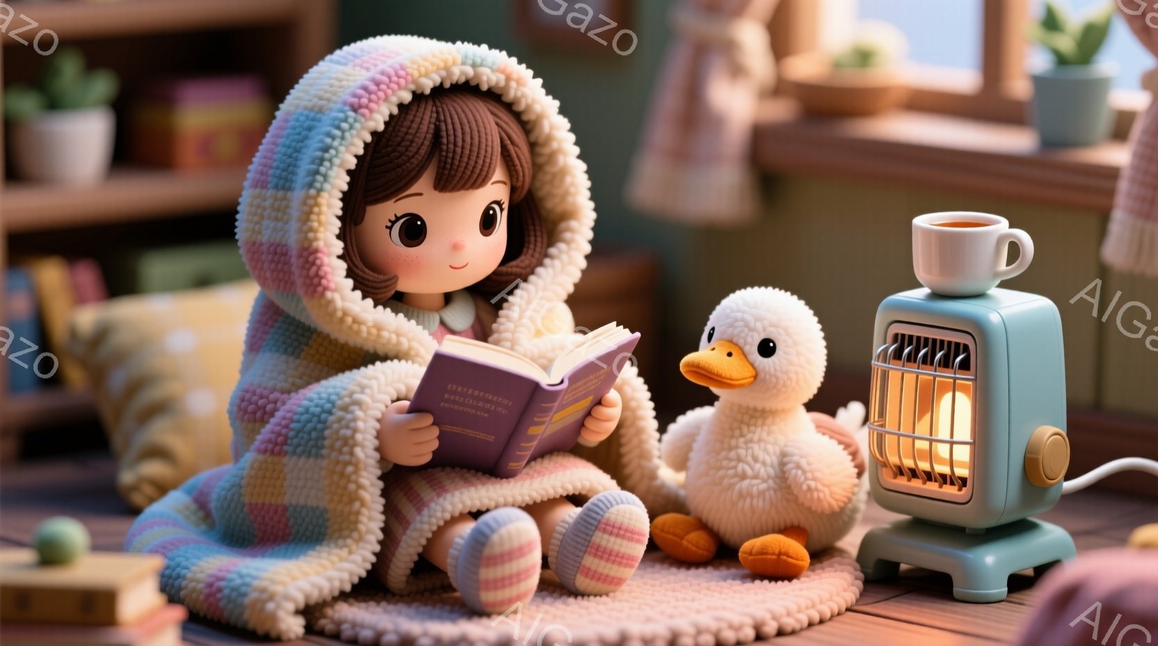 明るい色彩で描かれた可愛らしい女の子が、暖かい毛布に包まって本を読んでいます。彼女は茶色のボブヘアで、大きな瞳は穏やかな表情をしています。背景には本棚と窓、そしてオレンジ色の暖房器具があり、部屋全体が - AI生成フリー素材