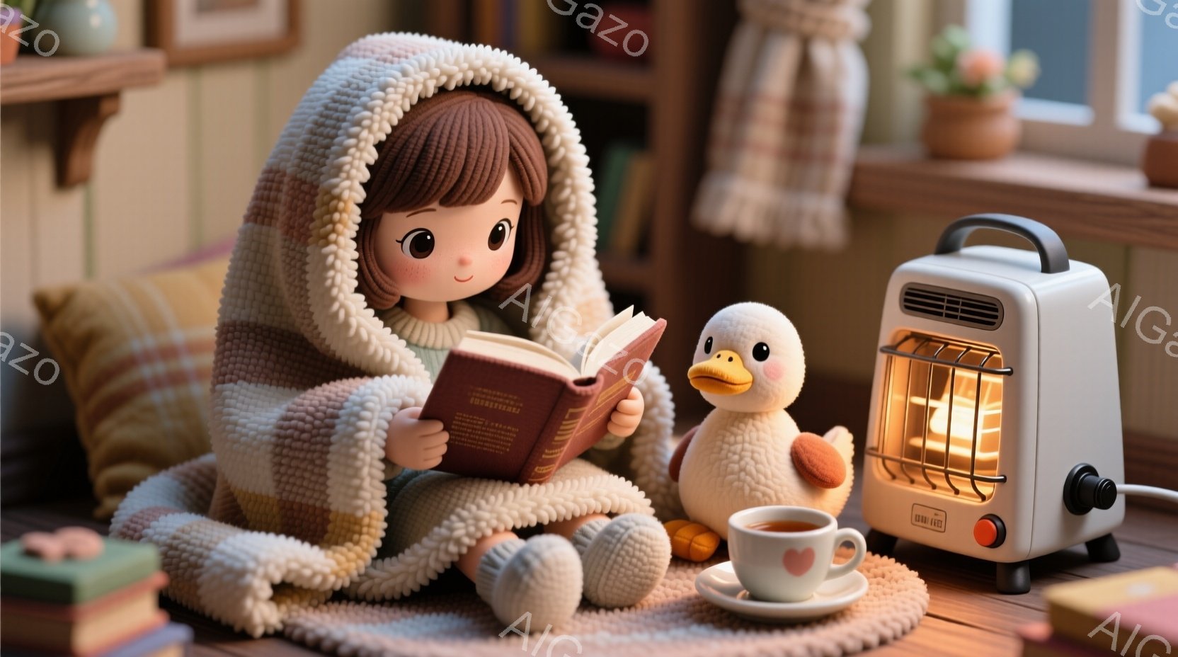 少女はクリーム色のふわふわしたブランケットに包まれ、膝を抱えて本を読んでいます。彼女は茶色のボブヘアで、穏やかな表情をしています。背景には、小さな電気ヒーター、ぬいぐるみのアヒル、そして温かい雰囲気の部屋があり、リラックスした冬の日の情景が描かれています。