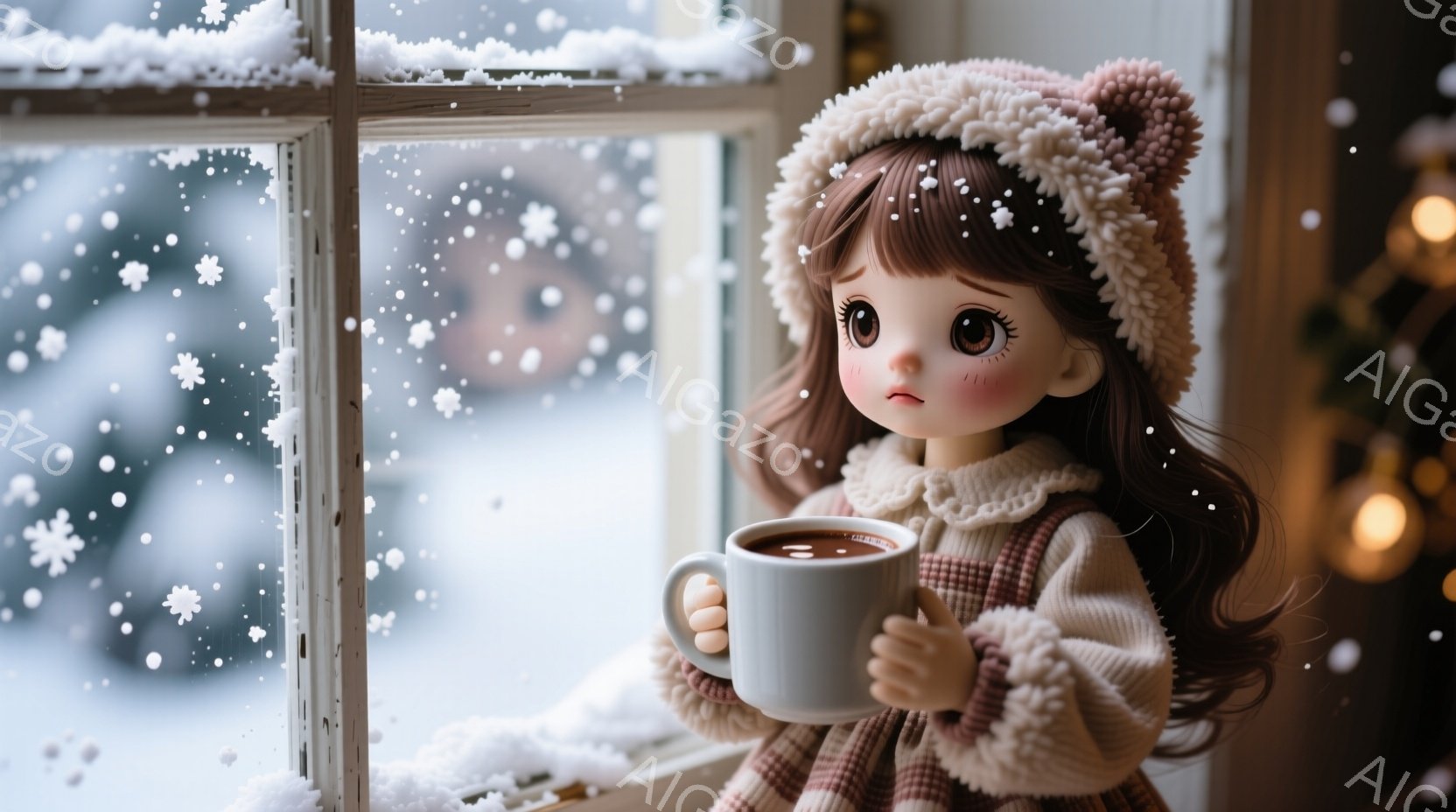 少女は白い帽子とクリーム色のセーター、チェック柄のワンピースを着て、窓辺に立っています。彼女は大きな目で少し悲しそうな表情をしており、両手で温かい飲み物が入ったマグカップを持っています。背景は雪景色で、窓の外は雪が降り積もり、室内は温かい光に包まれています。