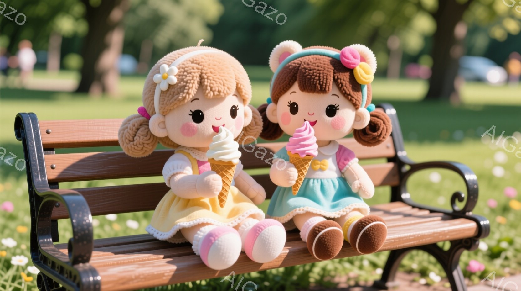 2人の女の子のおもちゃが公園のベンチに座って、それぞれソフトクリームを持っています。黄色いドレスを着た女の子は金髪で、髪には花飾りをつけています。背景には緑豊かな芝生と木々があり、晴れた日の穏やかな雰囲気が漂っています。
