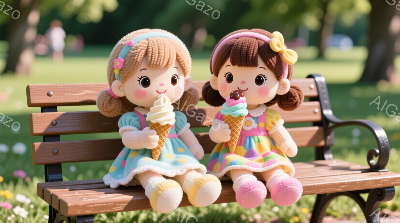 二人の女の子が公園のベンチに並んで座っており、それぞれソフトクリームを持っています。彼女たちはパステルカラーのドレスと、カールした茶色の髪、大きな瞳が特徴的で、幸せそうな表情をしています。背景には緑豊かな木々や花々が広がり、晴天で穏やかな雰囲気を感じさせます。