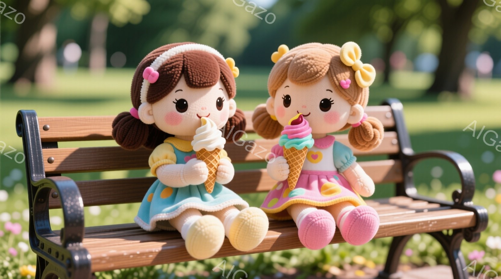 二人の女の子のおもちゃが公園のベンチに座っており、それぞれソフトクリームを持っています。彼女たちはピンクと水色の可愛らしいワンピースを着ており、同じように茶色の巻き毛の髪型をしています。背景には緑豊かな草地と花が広がり、晴れた日の穏やかな雰囲気を醸し出しています。