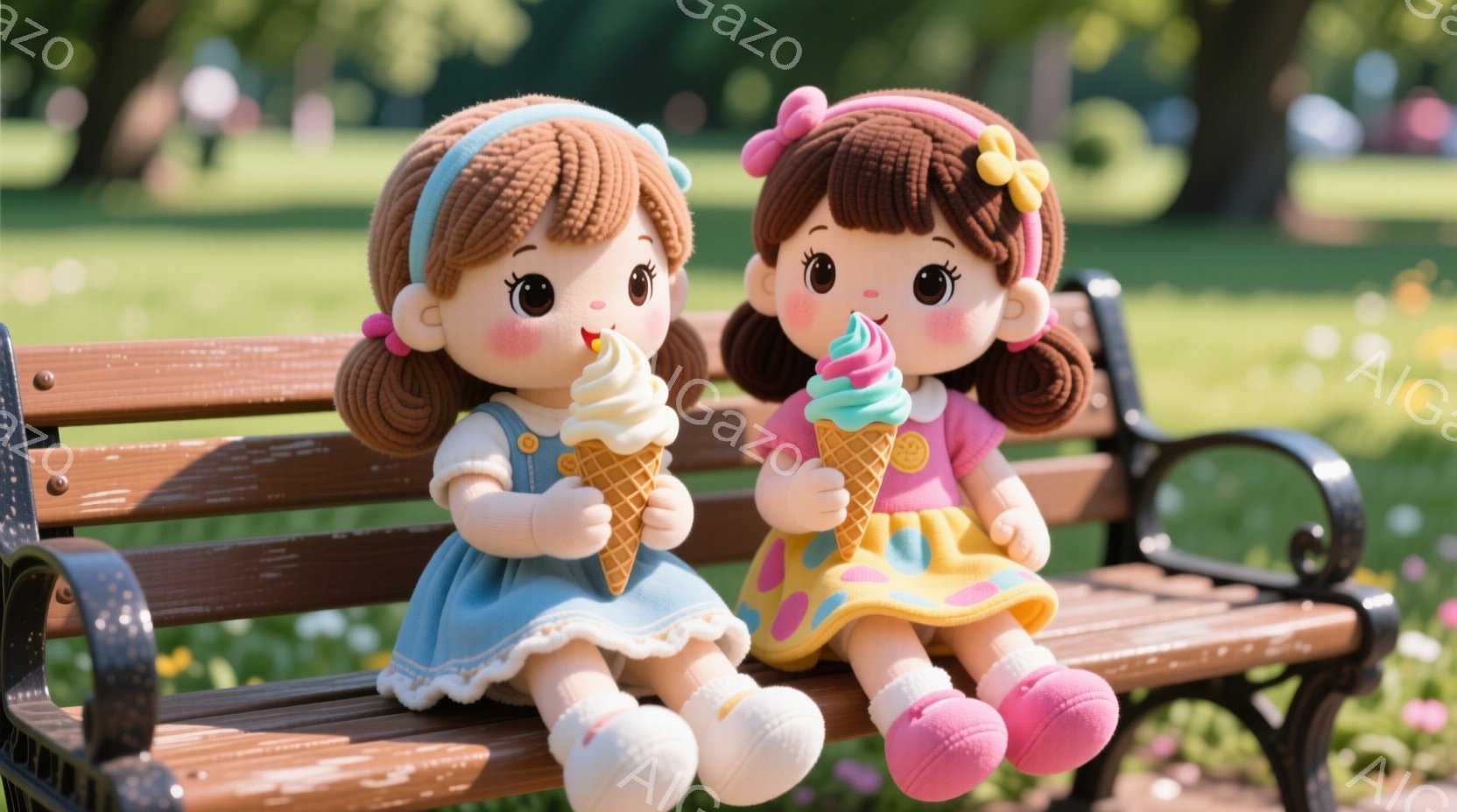 二人の女の子が公園のベンチに座り、それぞれソフトクリームを持っています。青いドレスを着た女の子は明るい表情で黄色いソフトクリームを、黄色いドレスを着た女の子は緑色のソフトクリームを嬉しそうに持っています。背景には緑豊かな植物と木々が見え、晴れた日の穏やかな雰囲気が漂っています。