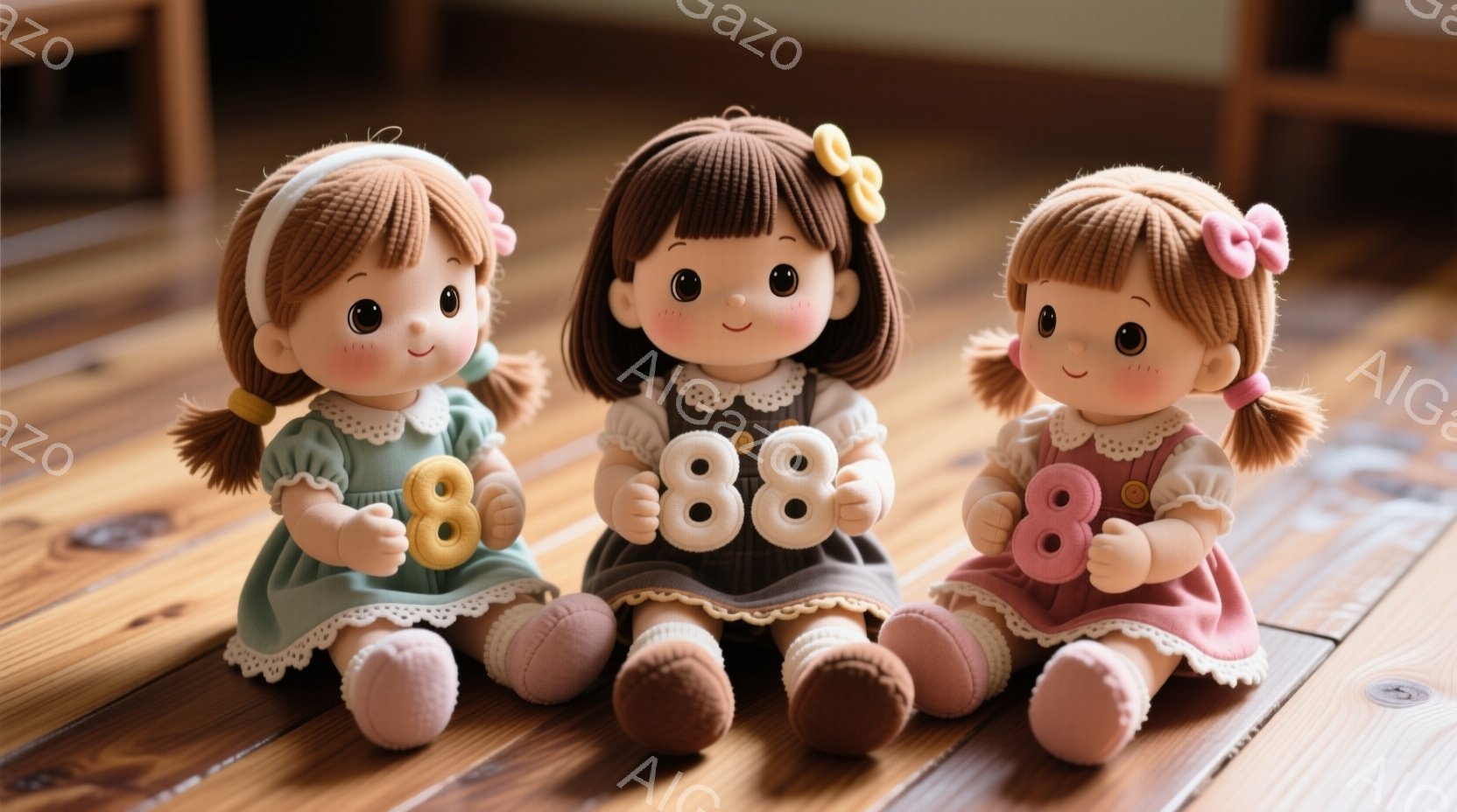 3体の可愛らしい人形が、木製の床に並んで座っています。それぞれ異なる色のワンピースを着ており、茶色の髪はポニーテールで結ばれています。人形たちは、それぞれ「8」の形をした小さな物体を抱きしめており、優しい雰囲気の中に静かに座っています。