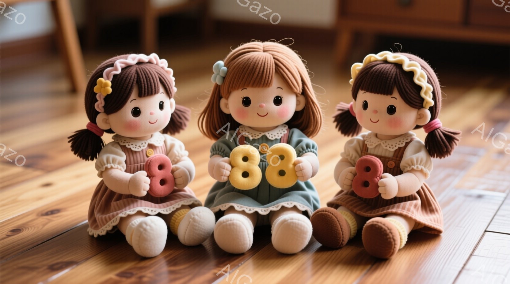 3体の可愛らしい人形が、木の床に座って並んでいます。人形たちは、淡いピンクと茶色の組み合わせのワンピースと、小さな帽子を身に着け、それぞれ手に数字の形をしたお菓子を持っています。背景はぼやけていますが、木の床と家具の一部が見え、全体的に温かく優しい雰囲気が漂っています。
