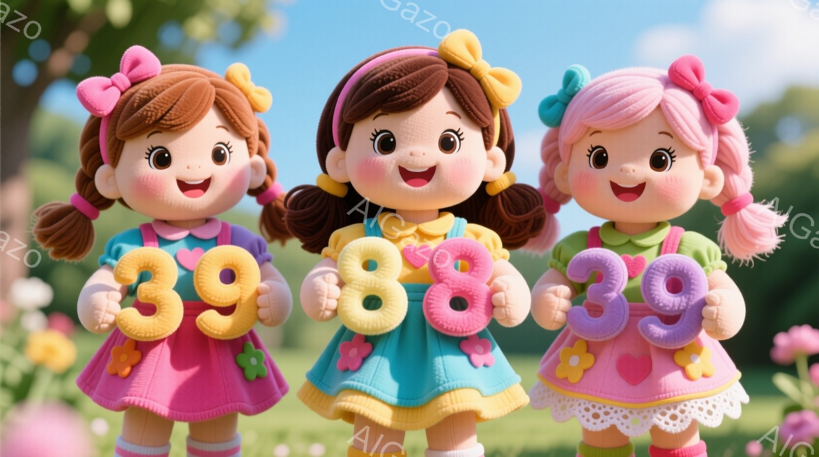 三人の女の子が、それぞれ鮮やかな色の数字のバルーン（3, 9, 8）を持って並んでいます。彼女たちは皆、ピンクや水色などのパステルカラーのワンピースを着ており、髪は左右に結ばれてリボンで飾られています。背景には緑の芝生と花が咲き乱れ、晴れた日の穏やかな雰囲気が漂っています。