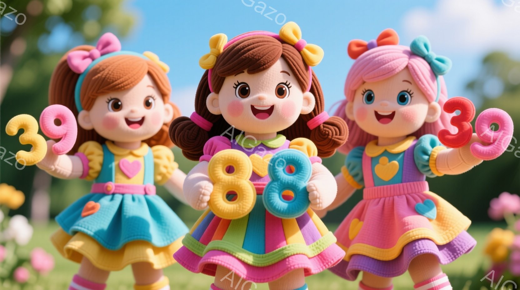 カラフルなドレスを着た3人の若い女性が写っています。彼女たちはそれぞれ、異なる数字（39, 88, 59）を手に持ち、笑顔でポーズをとっています。背景には緑の芝生と様々な花が咲き乱れ、晴れた日の楽しい雰囲気を醸し出しています。