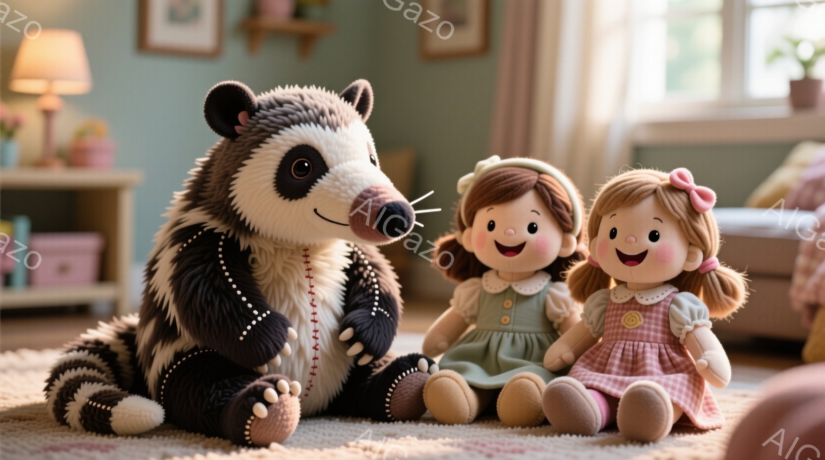 ぬいぐるみのようなアライグマと、２人の女の子のぬいぐるみが写っています。アライグマは黒と白の模様で、縫い目が見えるようなデザインで、可愛らしい表情をしています。女の子のぬいぐるみはそれぞれピンクと黄色のリボンで髪を結い、パステルカラーのワンピースを着ており、穏やかな雰囲気が漂います。