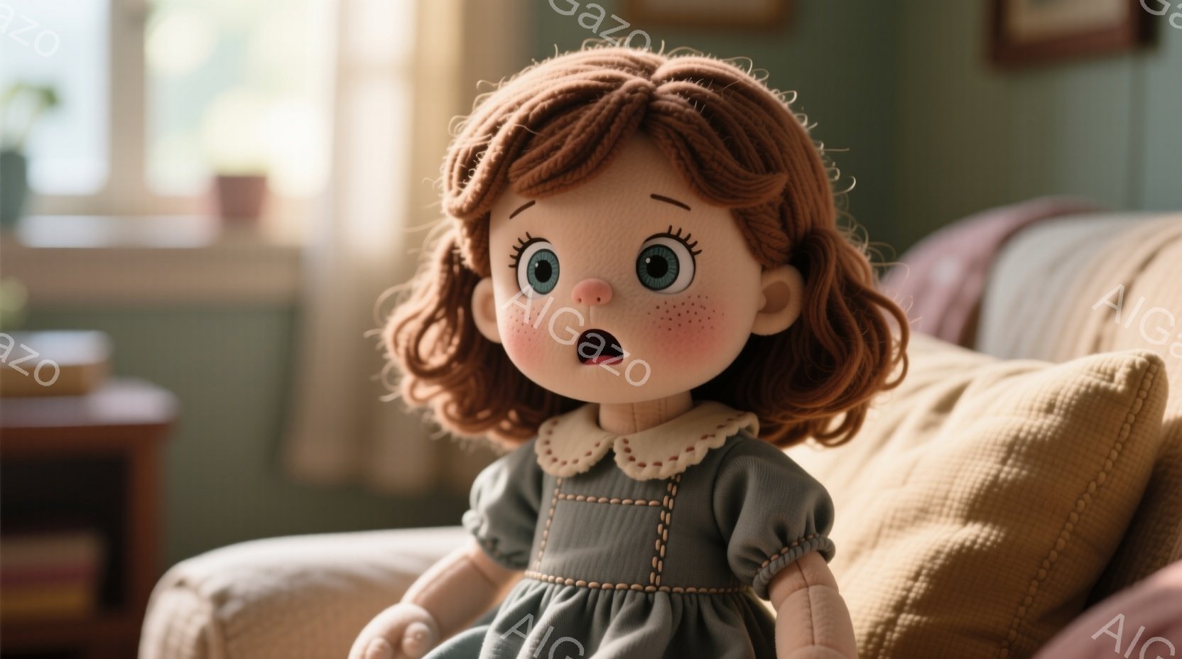 赤毛で巻き毛の少女が、青い目とそばかすを持っており、驚いた表情をしています。彼女は、白い襟とフリルが特徴の緑色のワンピースを着ており、柔らかいベージュ色のソファに座っています。背景には家具が見え、全体的に温かく、どこか懐かしい雰囲気を感じさせます。