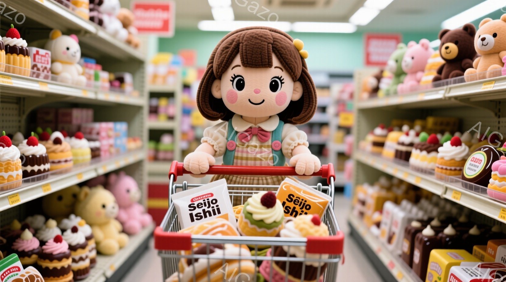可愛らしい人形が、スーパーマーケットの通路で赤いショッピングカートを押しています。人形は茶色の巻き毛の髪型で、ピンク色のワンピースと白いエプロンを着ています。背景には、カラフルなお菓子やぬいぐるみで埋め尽くされた棚が並び、明るく楽しい雰囲気が漂っています。