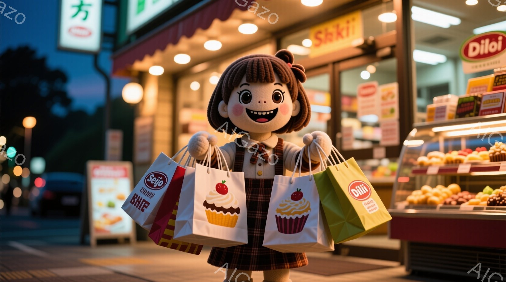 明るい笑顔の女性が、複数のショッピングバッグを抱えています。彼女は茶色の短い髪で、ピンク色のワンピースを着ており、背景にはパン屋と夜の街並みがぼやけて見えます。暖色系の照明とバッグに描かれたケーキのイラストが、親しみやすい雰囲気を醸し出しています。