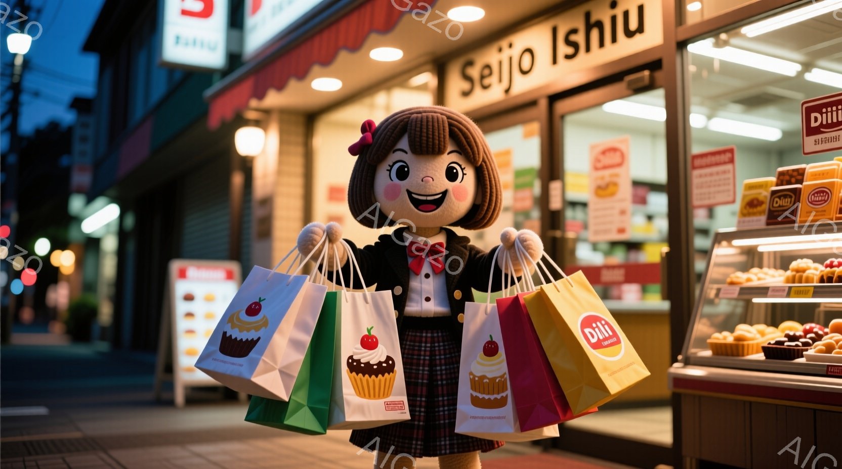 可愛らしい人形が、Diliのロゴが入ったお菓子の入った買い物袋を複数持っています。人形は茶色のカールした髪、赤いリボン、そして笑顔で、白いブラウスと茶色のスカートを着た制服を着ています。背景には、Diliの店と夜の街並みが写っており、店には様々な焼き菓子が並んでいます。
