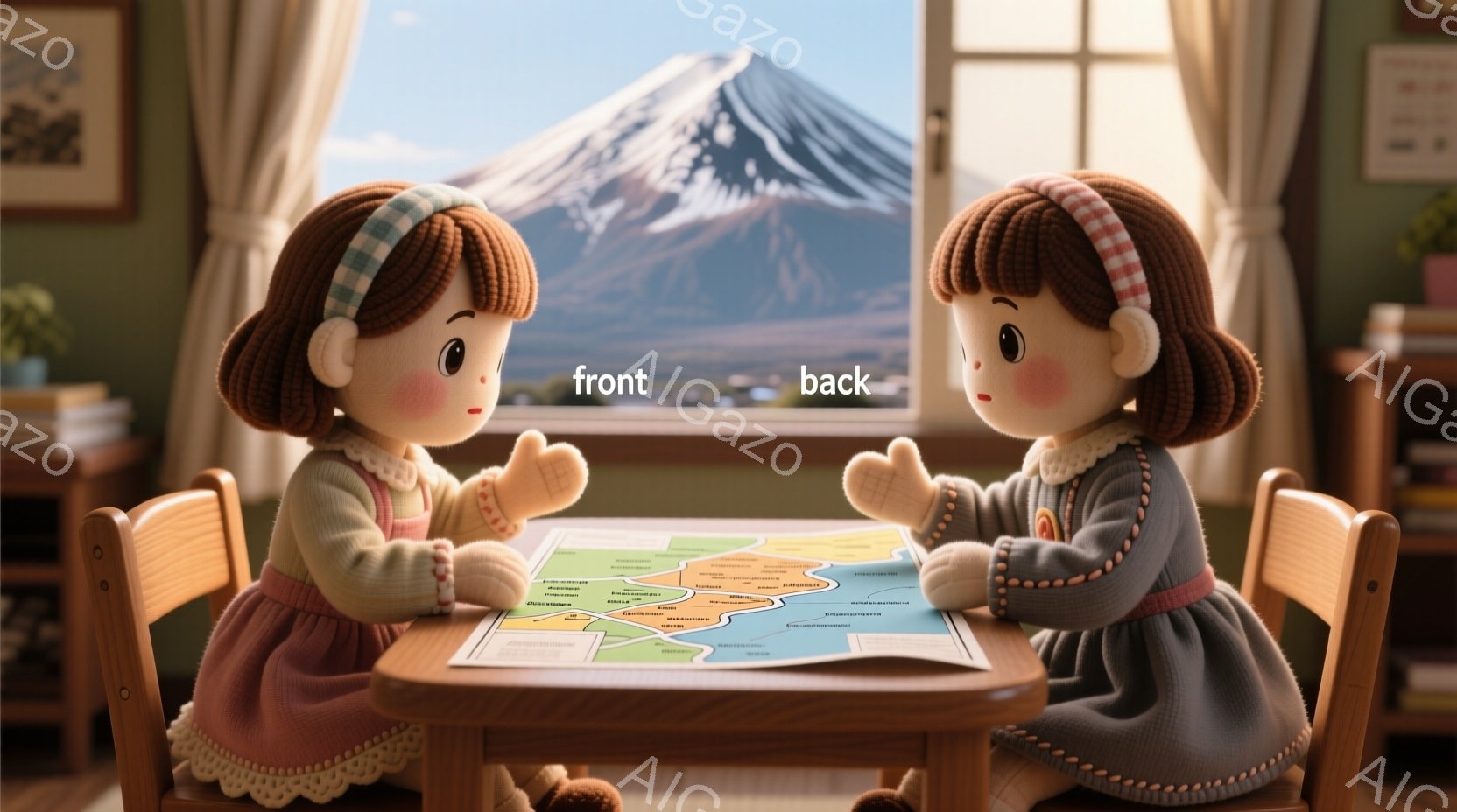二人の人形が小さなテーブルを挟んで向かい合って座っており、手には地図を持っている。人形はそれぞれピンクとグレーのワンピースを着ており、明るい茶色の髪は横分けで、赤いリボンをつけている。背景には窓があり、富士山が美しく見える晴れた空が広がっている。