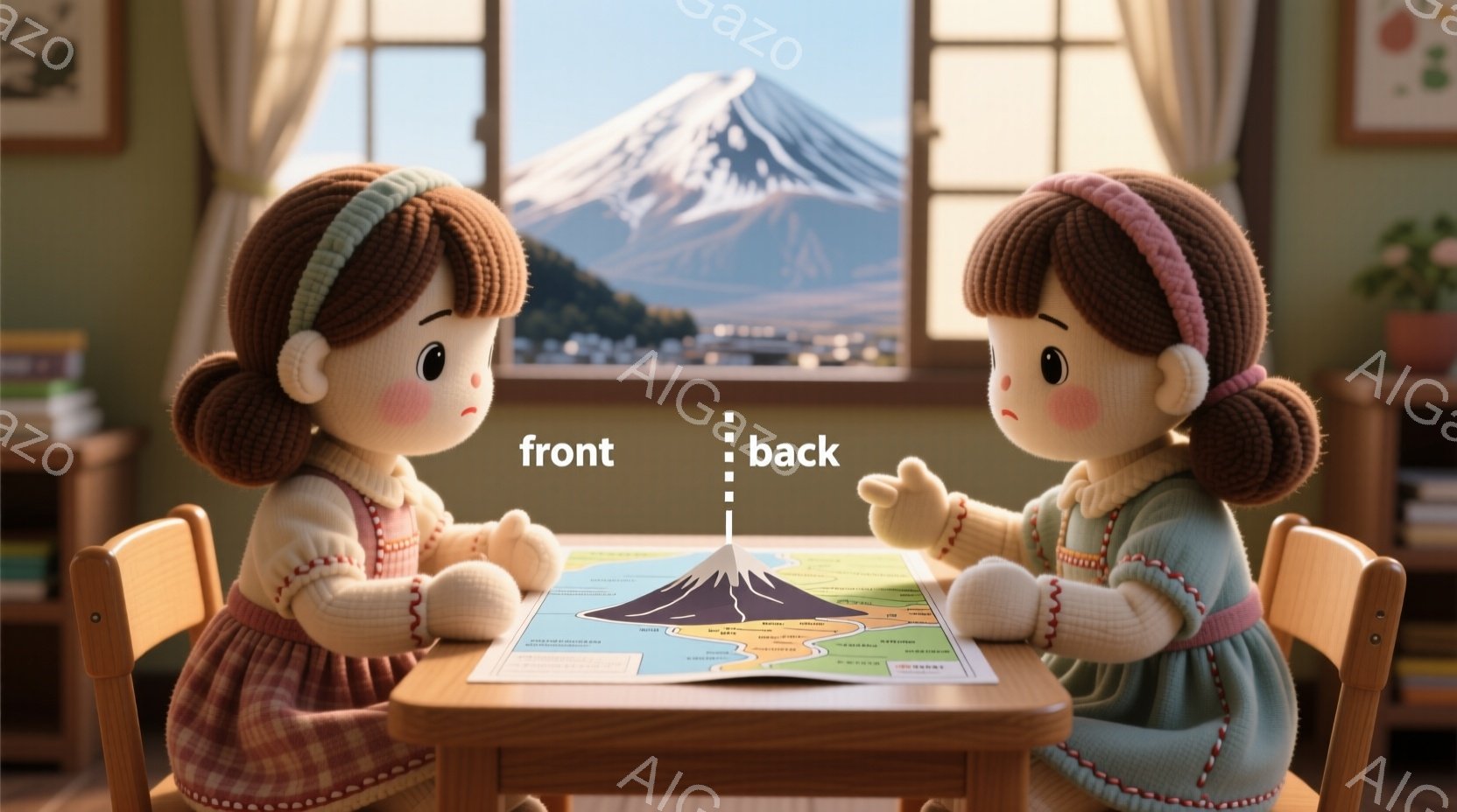 2人の人形が小さな木製のテーブルを挟んで座っており、それぞれが日本の地図を見つめています。人形は茶色のカールした髪、赤い頬、そして丸い黒い目で、明るいピンクと緑のセーターとスカートを身につけています。背景には、窓から富士山が見え、部屋は暖かく居心地の良い雰囲気で、本棚や観葉植物が置かれています。