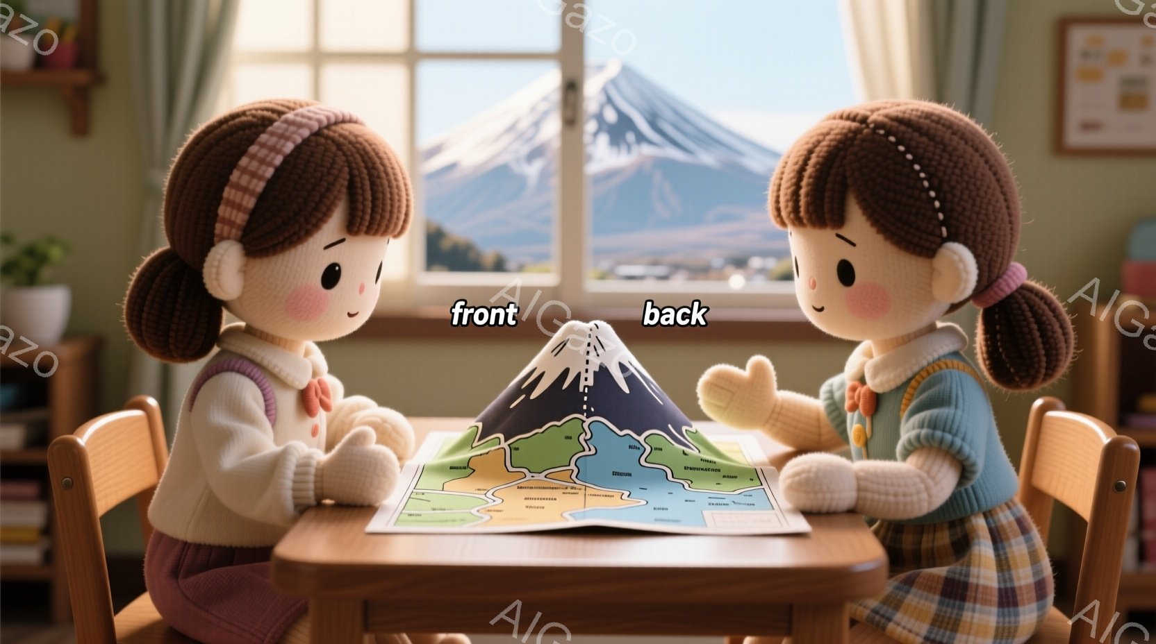 2人の女の子が小さな木製のテーブルを挟んで向かい合って座っています。彼女たちは茶色の巻き毛の髪型で、赤い頬をしており、ピンク色のセーターと緑色のスカートを着ています。背景には富士山がそびえ立ち、窓の外には緑豊かな風景が広がっており、温かく穏やかな雰囲気を醸し出しています。