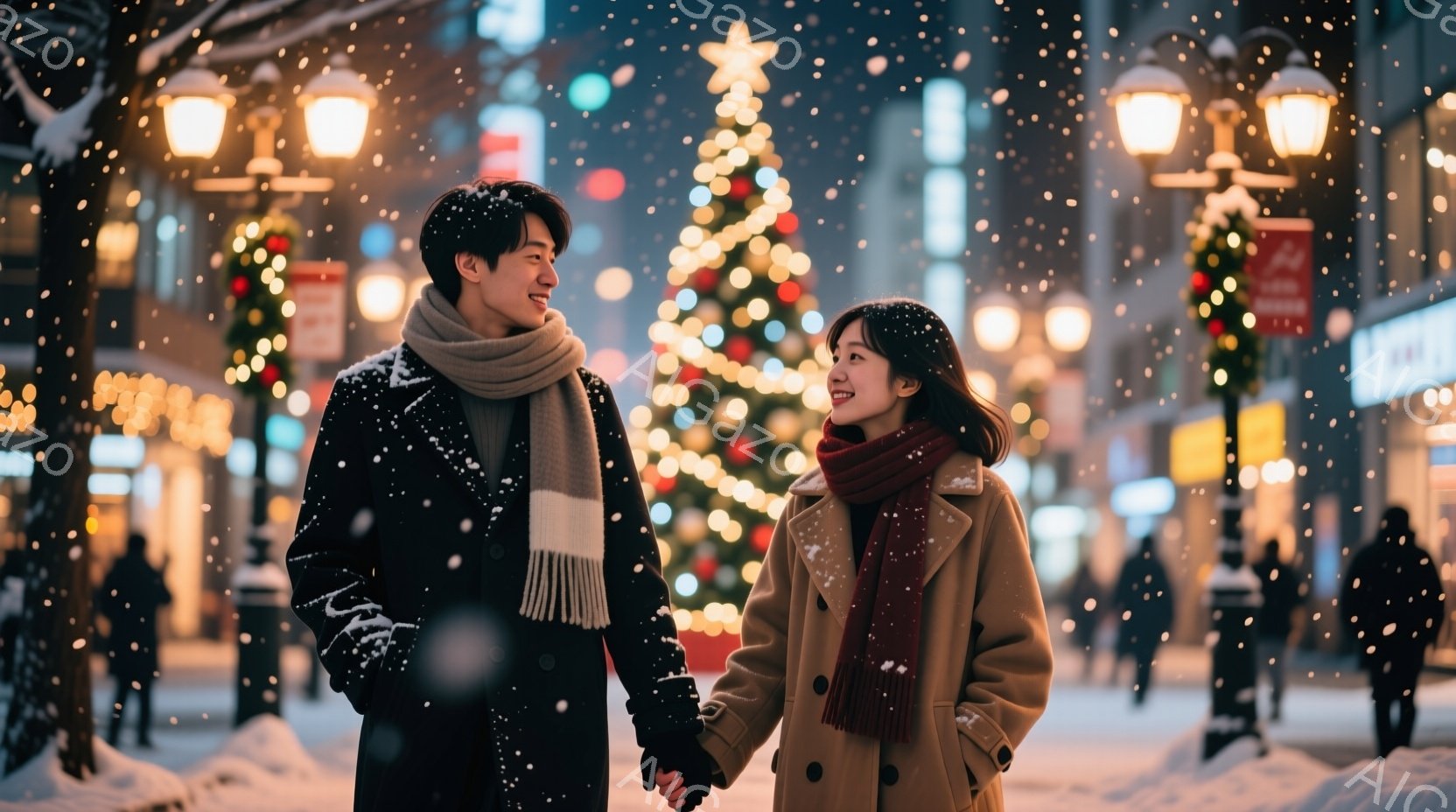 雪が降る夜の街で、若い男女が手をつないで歩いている。男性は黒いコートに白いマフラーを巻き、女性はベージュのコートに赤いマフラーを巻き、互いに微笑み合っている。背景にはクリスマスツリーやイルミネーションが飾られた建物があり、ロマンチックで温かい雰囲気を醸し出している。