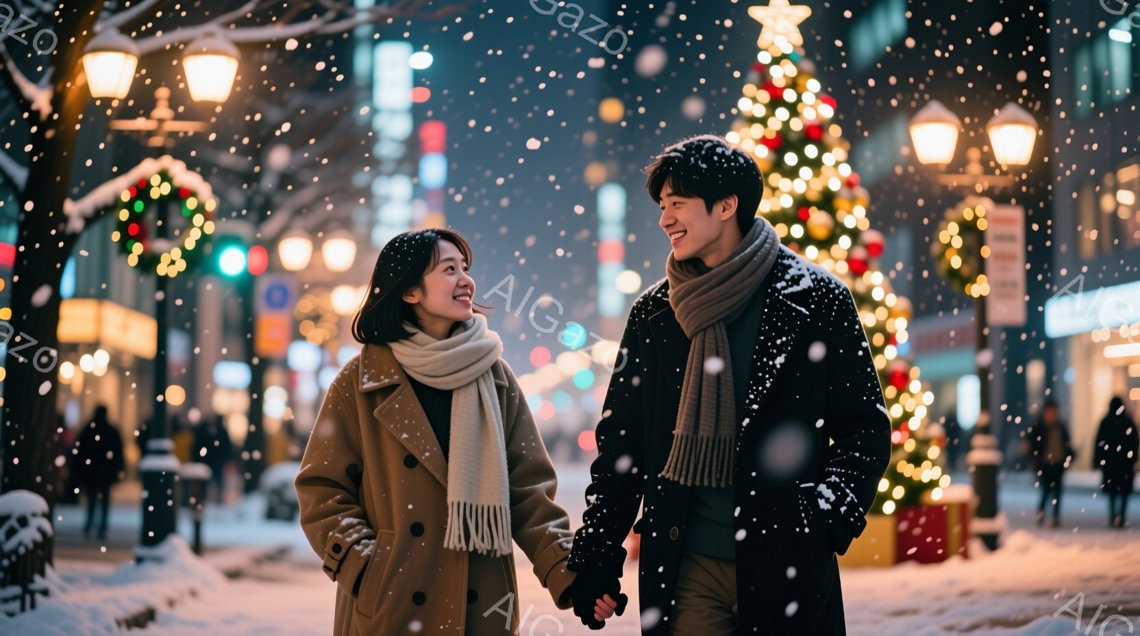 雪が降る街で、若い男女が手をつないで歩いている。女性はベージュ色のコートに白いマフラーを巻き、男性は濃い色のコートにグレーのマフラーを巻いている。背景にはクリスマスツリーやイルミネーションが輝き、暖かくロマンチックな雰囲気を醸し出している。