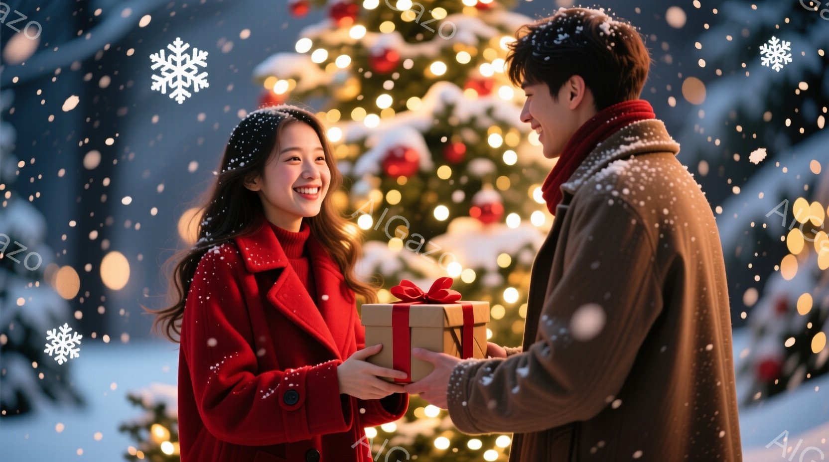 鮮やかな赤いコートを着た女性が、茶色のコートを着た男性からリボンで飾られたプレゼントを受け取っています。女性は微笑んでおり、男性もわずかに微笑んでいます。背景には、キラキラと輝くイルミネーションで飾ら - AI生成フリー素材