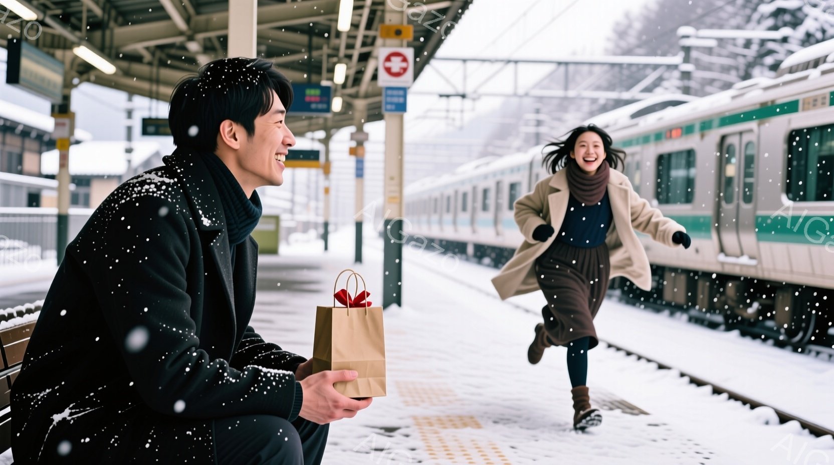 雪が降る駅のホームで、一人の男性がベンチに座り、茶色のギフトバッグを手に微笑んでいます。駆け寄る女性は、ベージュのコートと黒いスカートを着ており、嬉しそうに走っています。背景には雪景色が広がり、線路には列車が停車しており、冬の暖かく幸せな雰囲気を醸し出しています。
