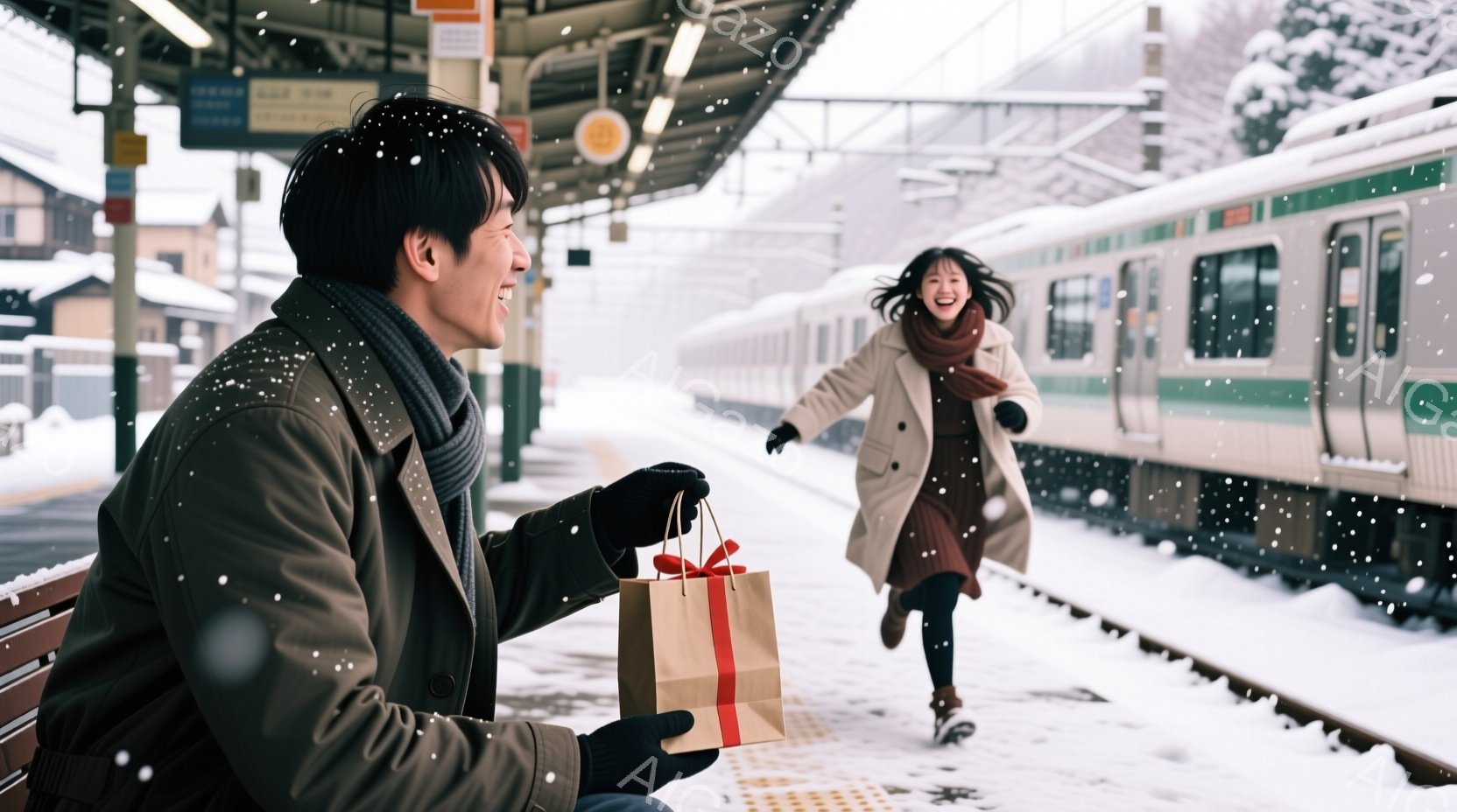 雪が降る駅のホームで、一人の男性がベンチに座り、茶色のギフトバッグを持っています。彼は黒いコートとマフラーを身に着け、女性が自分に向かって走ってくるのを見て笑顔を見せています。背景には雪に覆われた線路と電車、そしてぼやけた建物が見え、暖かく、ロマンチックな冬の雰囲気を醸し出しています。