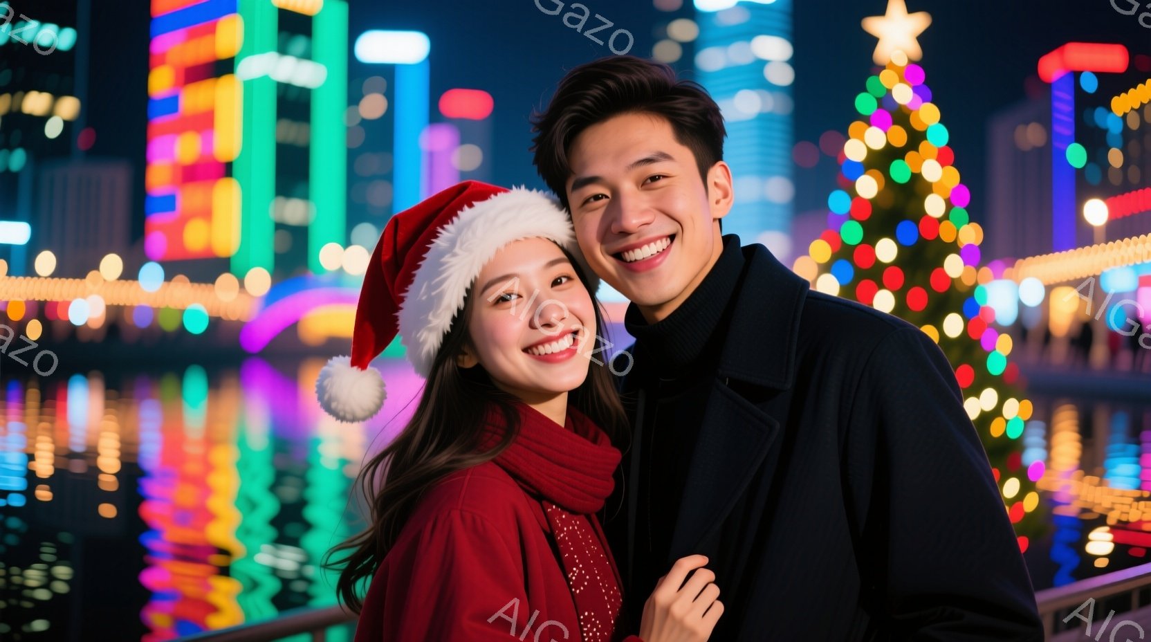若い女性は赤いニット帽とセーターを着て、笑顔でカメラを見ています。隣には黒いコートを着た若い男性がおり、同じように笑顔で、女性の肩に腕を回しています。背景には、きらびやかな光で飾られた高層ビル群とクリ - AI生成フリー素材