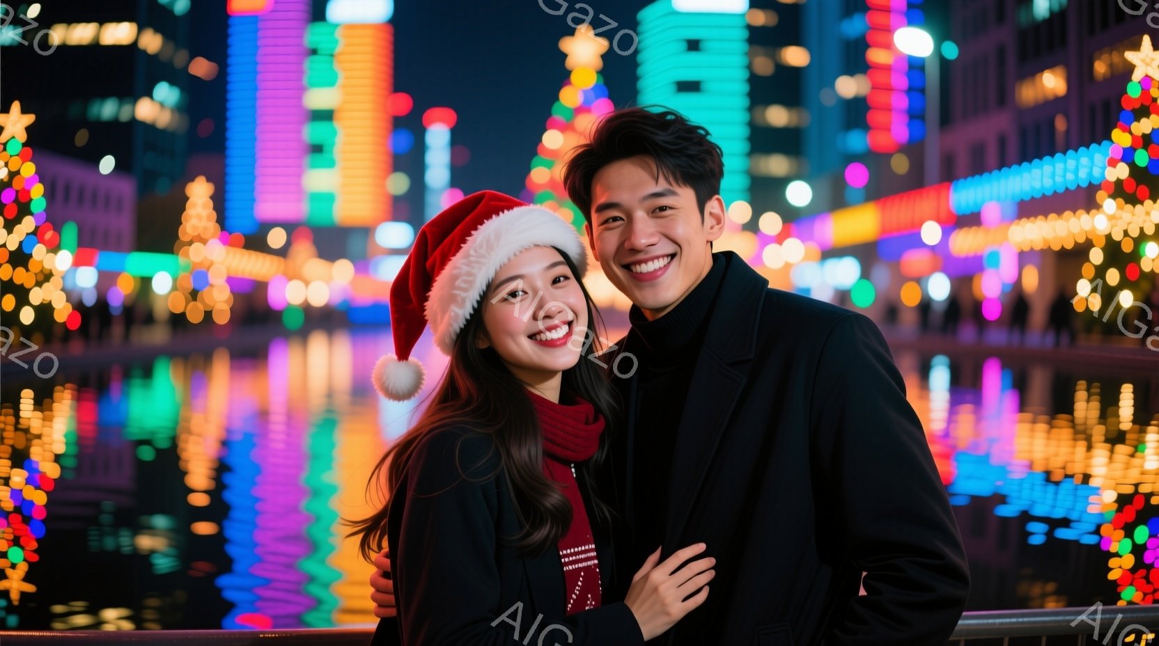 若い男女が写っており、女性は赤いサンタの帽子をかぶり、ベージュ色のセーターを着ています。男性は黒いコートを着ており、二人は寄り添って笑顔を浮かべています。背景には、色とりどりのイルミネーションが輝き、夜の街並みがぼやけて見え、温かくロマンチックな雰囲気を醸し出しています。