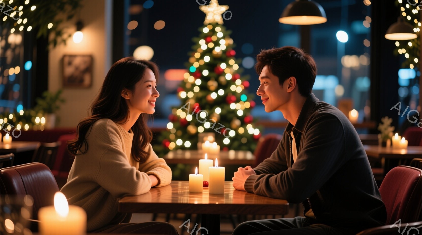 クリスマスの装飾がされたレストランで向かい合って座る男女が描かれています。女性はベージュのセーターを着ており、柔らかな微笑みを浮かべ、男性は濃い色のジャケットを着て、女性を見つめています。背景にはクリ - AI生成フリー素材
