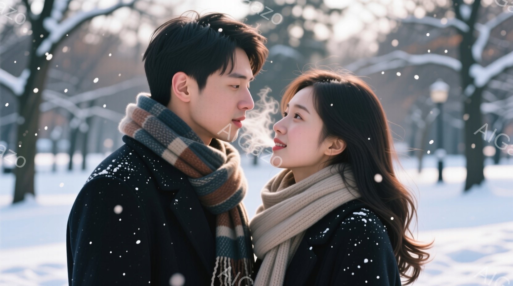 雪が舞う冬の公園で、若い男女が互いに顔を近づけています。男性は黒いコートにカラフルなマフラーを巻き、女性はベージュのマフラーを巻き、息が白く立ち込めています。背景には雪に覆われた木々と遠くに見える街並 - AI生成フリー素材