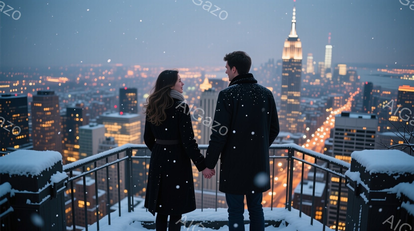 雪が舞う夜、一対の男女が展望台の手すりに寄り添い、ニューヨークの夜景を見下ろしている。女性は長い茶色の髪を背中に垂らし、黒いコートを着ている。男性は黒いコートを着ており、二人は手をつないで親密な雰囲気を醸し出している。