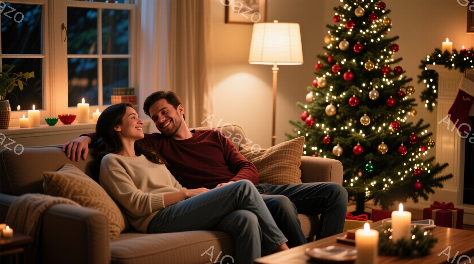 暖炉のあるリビングで、若い男女がソファで寄り添って座っています。女性は白いセーターを着て髪を後ろに流し、微笑んでいます。男性は赤いシャツを着て、女性に腕を回し、幸せそうに笑っています。背景には、クリス - AI生成フリー素材