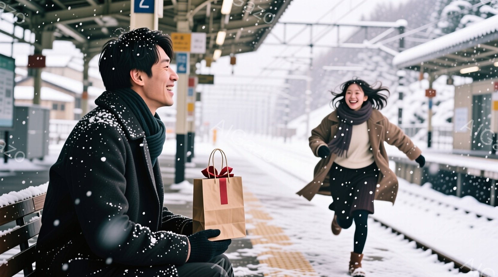 雪が降るプラットフォームで、一人の男性がベンチに座り、プレゼントが入った紙袋を持っています。彼は黒いコートとマフラーを身に着け、微笑んでいます。別の女性がプラットフォームを走り、楽しそうに笑っています。