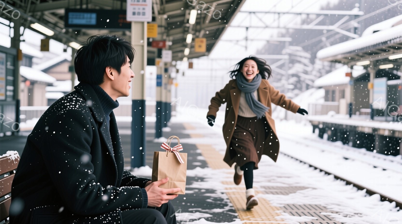 雪が降るプラットフォームで、一人の男性がベンチに座り、ギフトバッグを持っています。彼は黒いコートを着ており、後ろ姿からは真剣な表情が伺えます。女性はコートを着て、笑顔で男性に向かって走り、雪景色の中で躍動感があります。