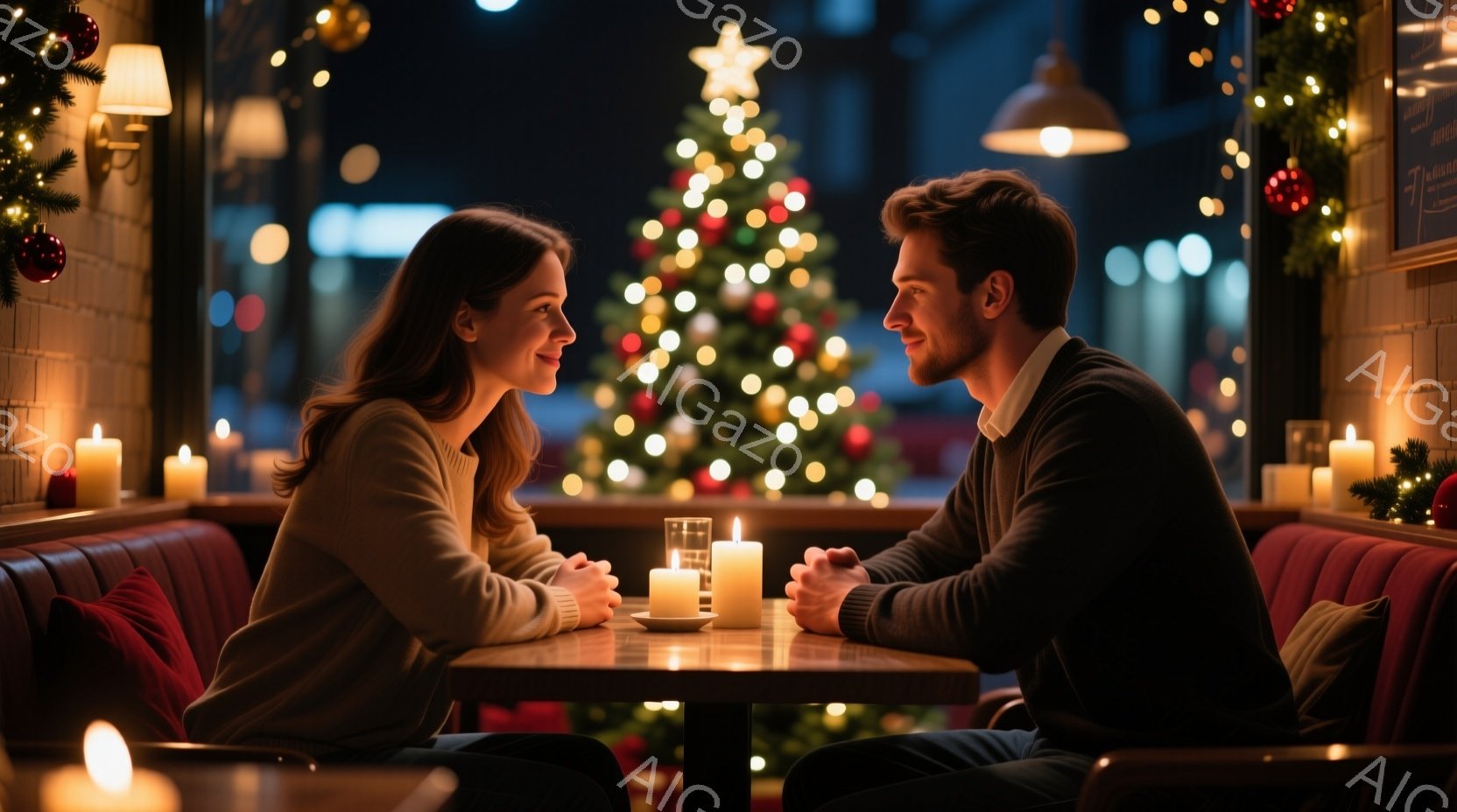 一対の男女が暖炉のあるレストランで向かい合って座っており、クリスマスツリーが背景に見えます。女性は肩までの茶髪で、ベージュのセーターを着て微笑んでいます。男性はダークヘアで、落ち着いた表情で女性を見つめ、手をつないでいます。