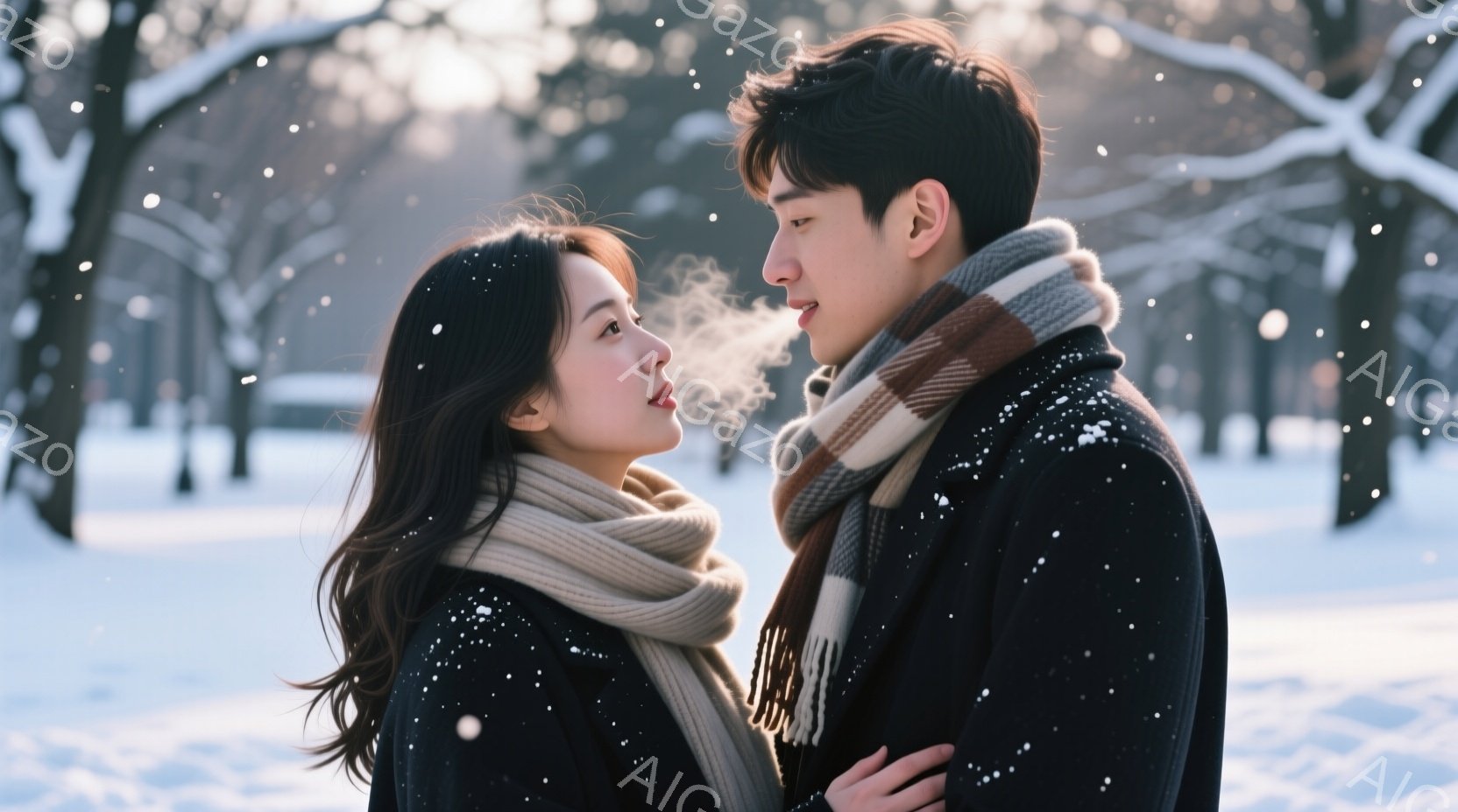 雪が舞う中で、若い男女が寄り添い合っている。女性は長い茶色の髪を無造作に垂らし、白いマフラーを首に巻いている。男性は黒いコートを着ており、女性を見つめているが、息が白く浮かび上がり、冬の寒さを感じさせ - AI生成フリー素材