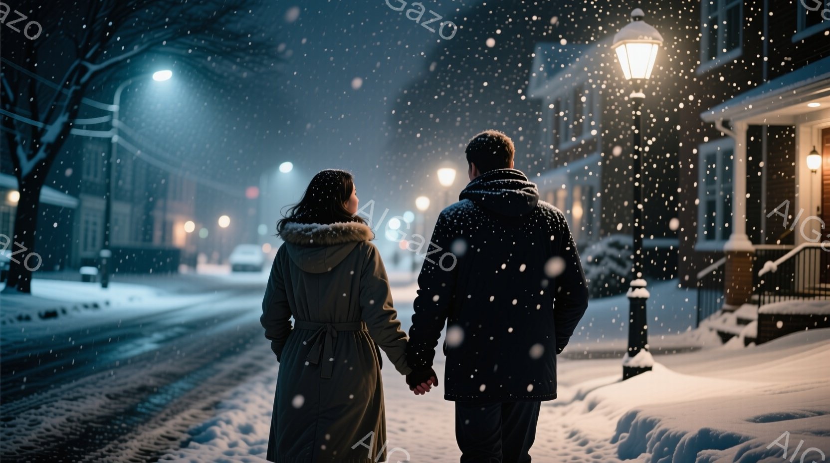 雪の降る夜、後ろ姿の男女が手をつないで歩いている。女性は茶色のコートを羽織り、ロングヘアを背中に流している。背景には、雪に覆われた家々が並び、街灯が暖かな光を放ち、静かでロマンチックな雰囲気を醸し出している。