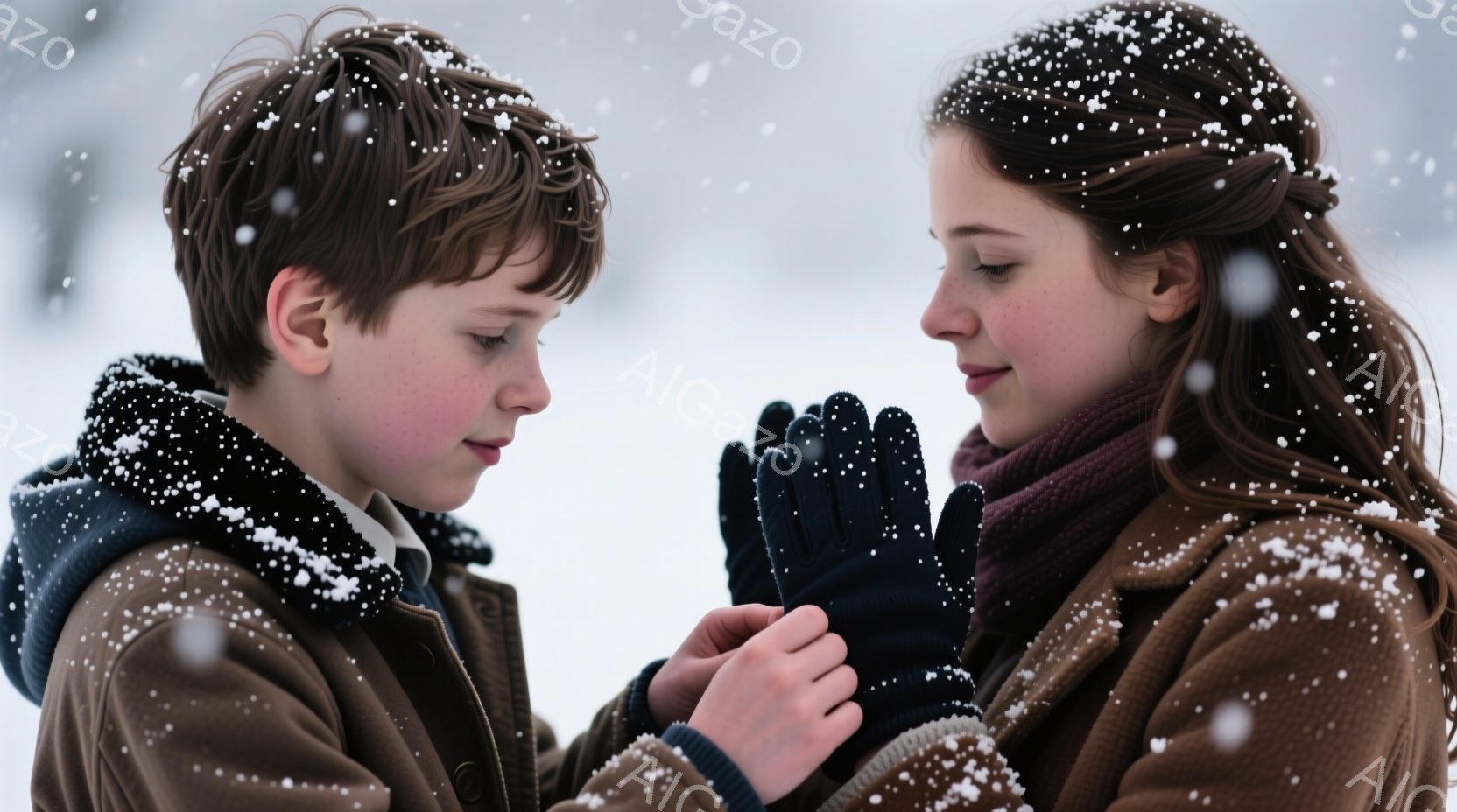 少年と少女が雪の中で向かい合っています。少年は茶色の短い髪で、襟付きのシャツに茶色のコートを着ています。少女は長く茶色の髪を後ろでまとめており、茶色のコートと赤いマフラー、黒い手袋を着用し、少年と手を重ねています。