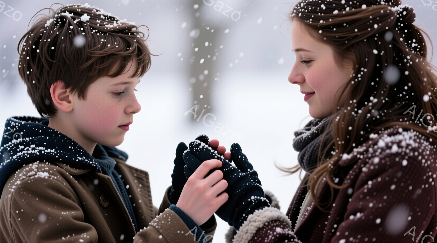 雪が降り積もる中で、少年と少女がお互いの手を繋いでいます。少年は茶色のコートに紺色のマフラーを巻き、髪は短く整えられています。少女は深い赤色のジャケットに毛皮の襟元がついており、髪は肩まで伸びて少しカ - AI生成フリー素材