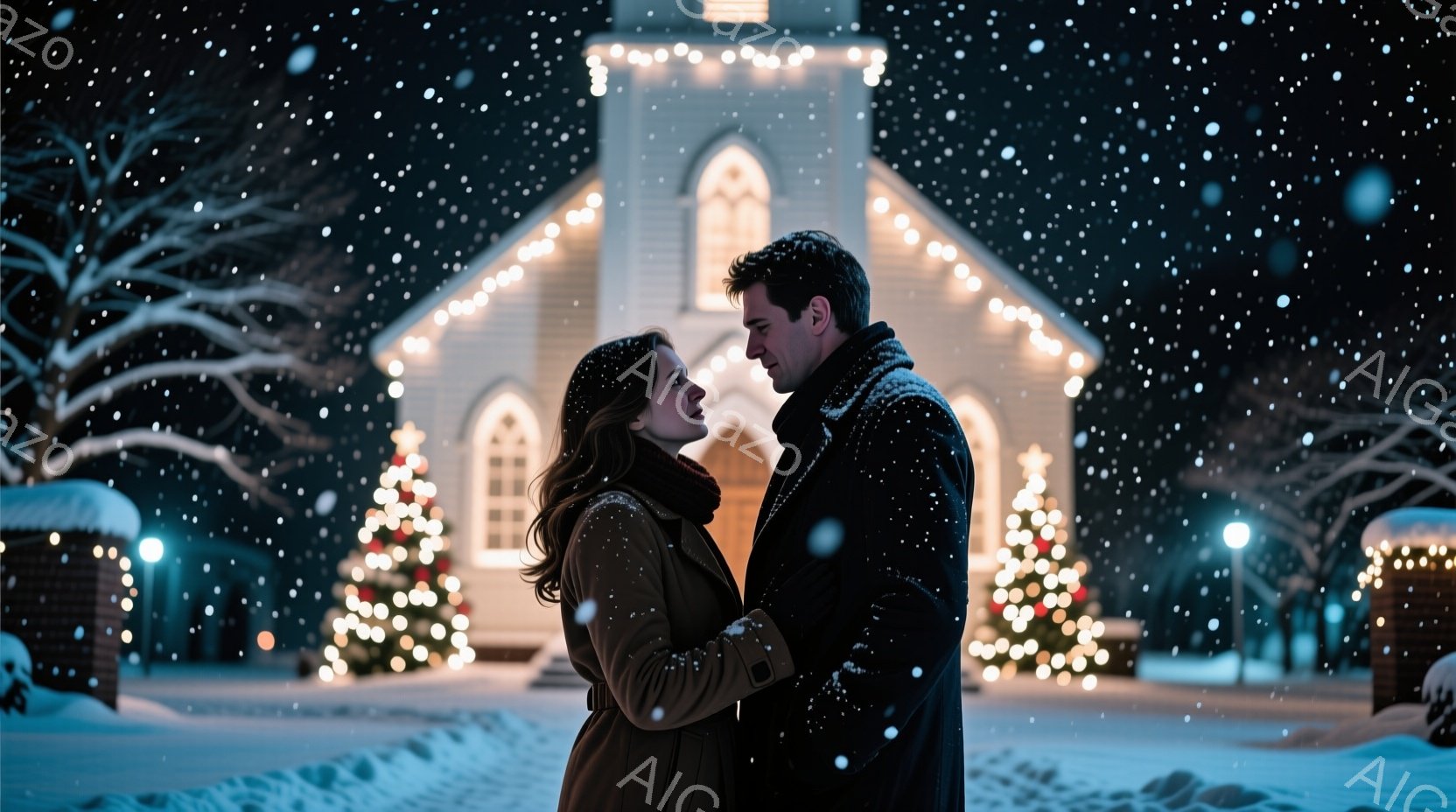 雪が降り積もる夜、女性と男性が寄り添って立っている。女性は茶色のコートを着て髪を肩まで伸ばし、男性は黒いコートを着ている二人とも優しい表情で互いを見つめている。背景にはクリスマスツリーやイルミネーショ - AI生成フリー素材