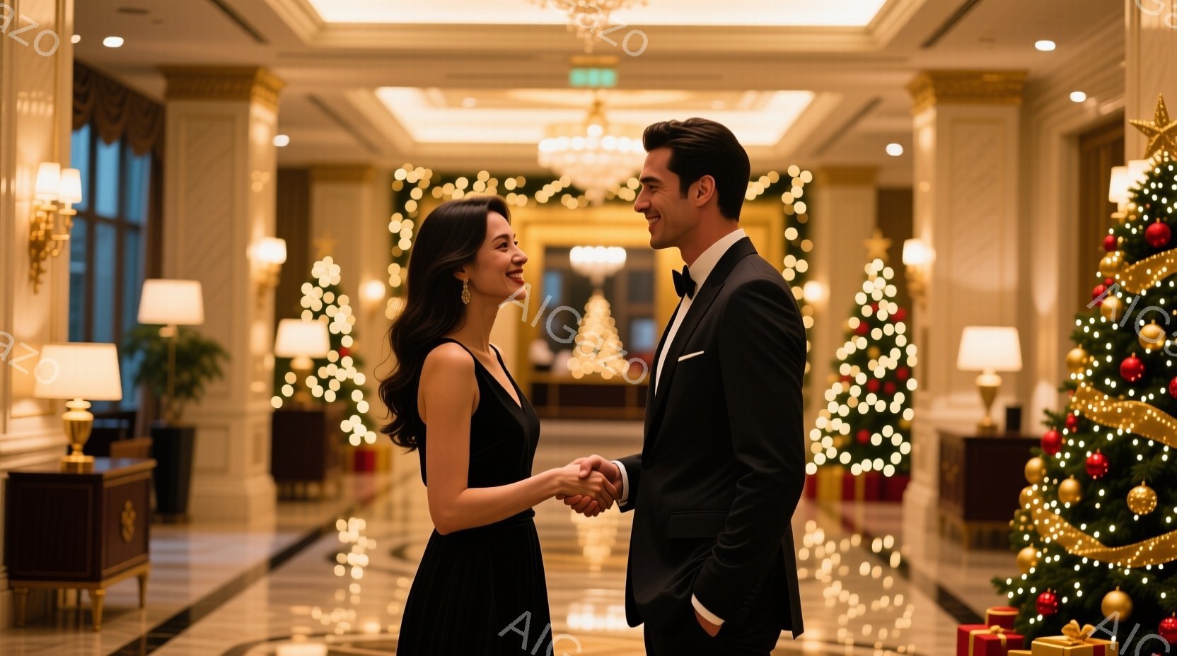 黒いイブニングドレスを着た女性と、タキシードを着た男性が、正面で手を握り合っています。二人は微笑んでおり、華やかなクリスマスの装飾が施されたロビーで、お祝いの雰囲気に包まれています。背景にはクリスマスツリーやギフトボックスが置かれ、豪華な内装と相まって、特別な夜を予感させる様子が伺えます。