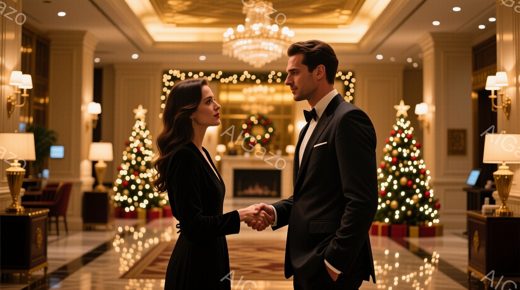 この画像では、男女が豪華なホテイルobbyで向かい合って握手しています。女性はベルベットの黒いドレスを着ており、髪は肩まで伸びたストレートヘアです。男性はタキシードを着ており、二人は互いに微笑み、公式な、しかし親密な雰囲気です。
