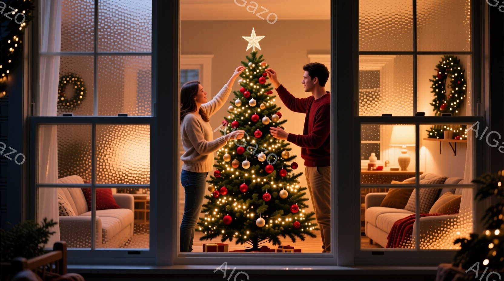 室内では、若い男女がクリスマスツリーのてっぺんに星飾りを飾っています。女性は長い髪を後ろに垂らし、白いセーターを着ており、男性はカジュアルなパンツとシャツを着ています。背景には、ソファーや装飾が暖かく、窓の外は薄暗く、クリスマスの穏やかな雰囲気が漂っています。