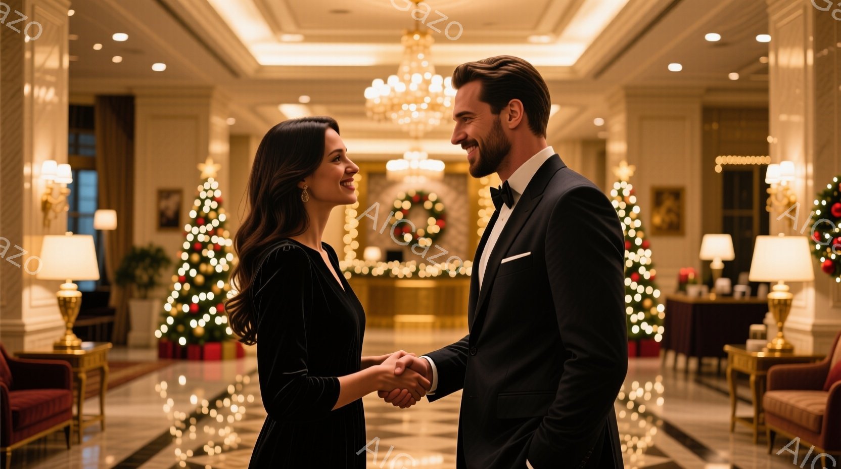 華やかなホテイルobbyで、ドレス姿の女性とタキシード姿の男性が向かい合い、握手をしています。女性は黒いベルベットのドレスに、耳飾りを身につけ、笑顔で男性を見つめています。背景にはクリスマスツリーや装飾が輝き、暖かくロマンチックな雰囲気を醸し出しています。