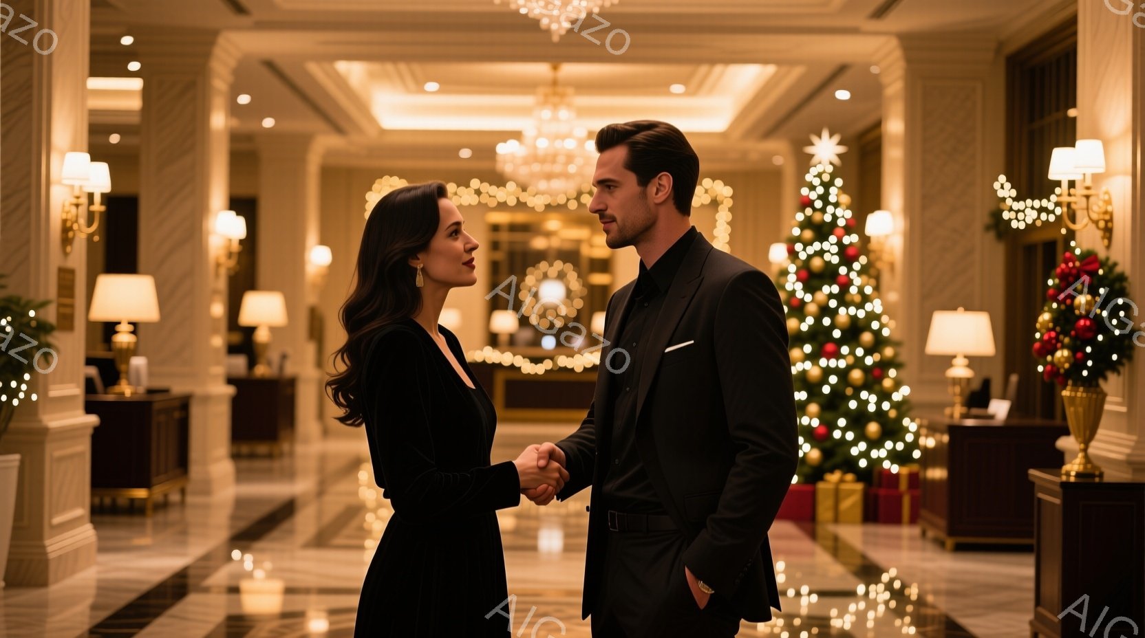 エレガントなホテイルobbyで、一組の男女が向かい合って握手をしています。女性は黒のベルベットドレスを着ており、髪は後ろでまとめられています。男性は黒のスーツと白いシャツを着ており、穏やかな表情をしています。背景にはクリスマスツリーが飾られ、ホテイルobby全体が暖かく、お祝いムードに包まれています。
