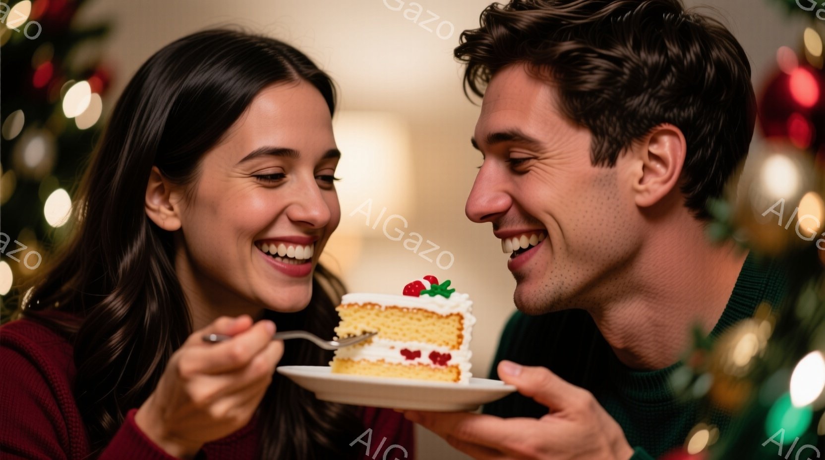 美しい女性が笑顔でケーキをフォークで頬張り、男性がそれを嬉しそうに見つめています。女性は赤いニットを着ており、男性は緑のセーターを着ています。背景にはぼやけたクリスマスツリーの光があり、暖かく幸せな雰 - AI生成フリー素材