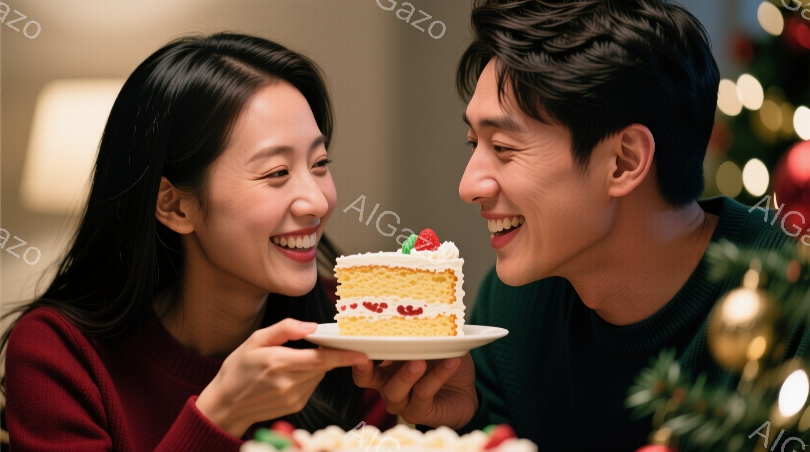 笑顔の若い男女が、クリームとイチゴで飾られた短いケーキを共有しようとしています。女性は赤いセーターを着ており、男性は緑色のセーターを着ており、どちらも髪を後ろにとかしています。背景にはぼやけたクリスマ - AI生成フリー素材