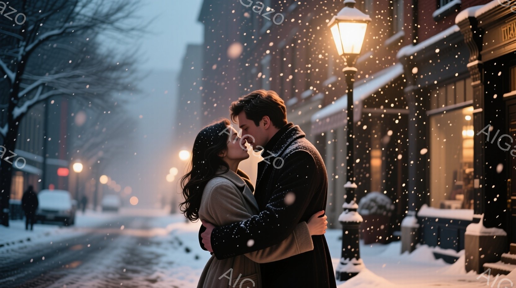 雪が舞う夜の街角で、一対の男女が抱き合ってキスをしています。女性は茶色のロングコートを着て、ゆるやかなウェーブのかかった長い髪を持ち、顔は幸せそうな表情をしています。背景には、雪で覆われた建物や街灯が - AI生成フリー素材