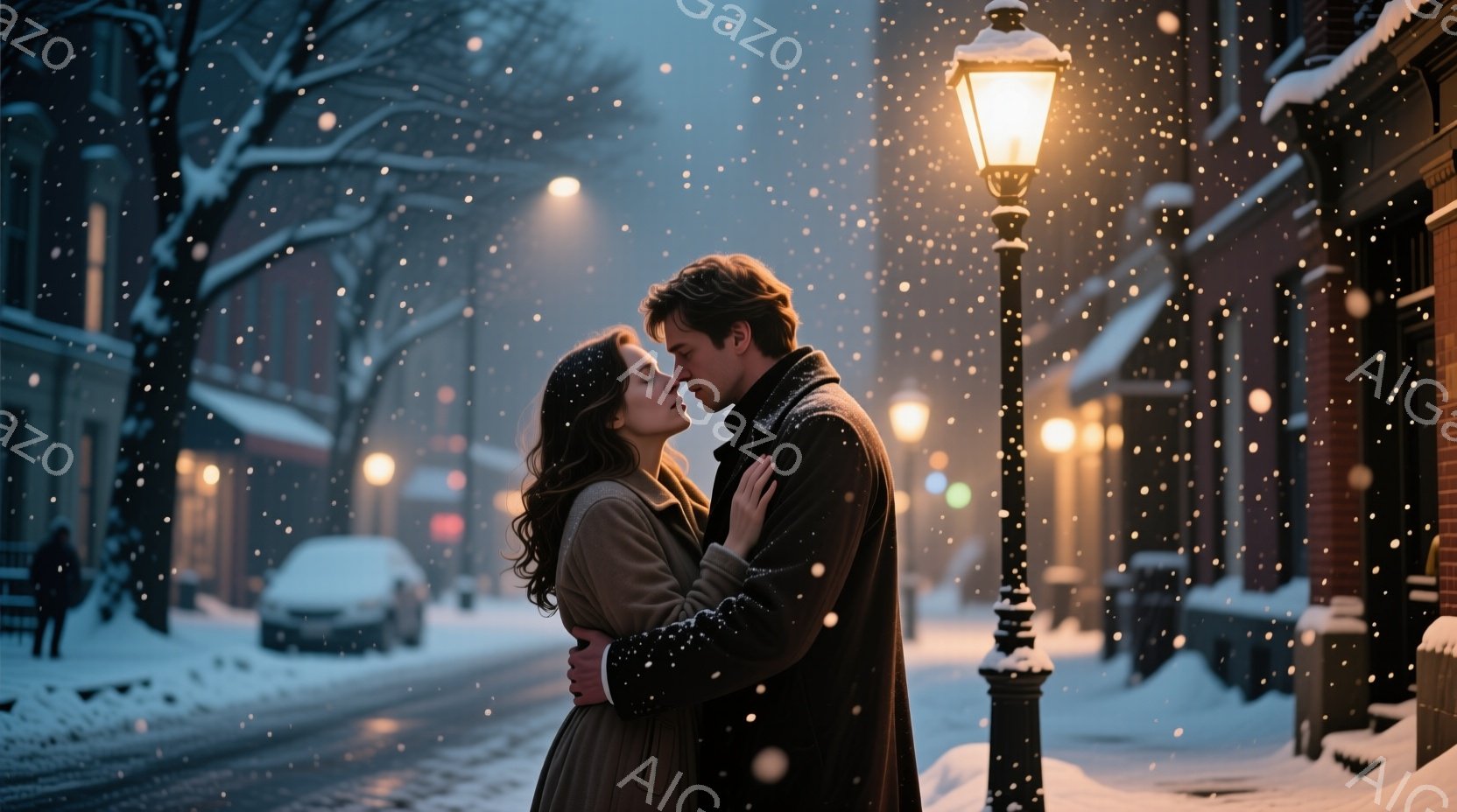 雪が舞う夜の街で、一対の男女が抱き合っている。女性は巻き毛の髪を下ろし、ベージュのコートを着て、優しい表情で男性を見上げている。男性は黒いコートを着ており、女性を優しく抱きしめ、穏やかな眼差しで彼女を見つめている。