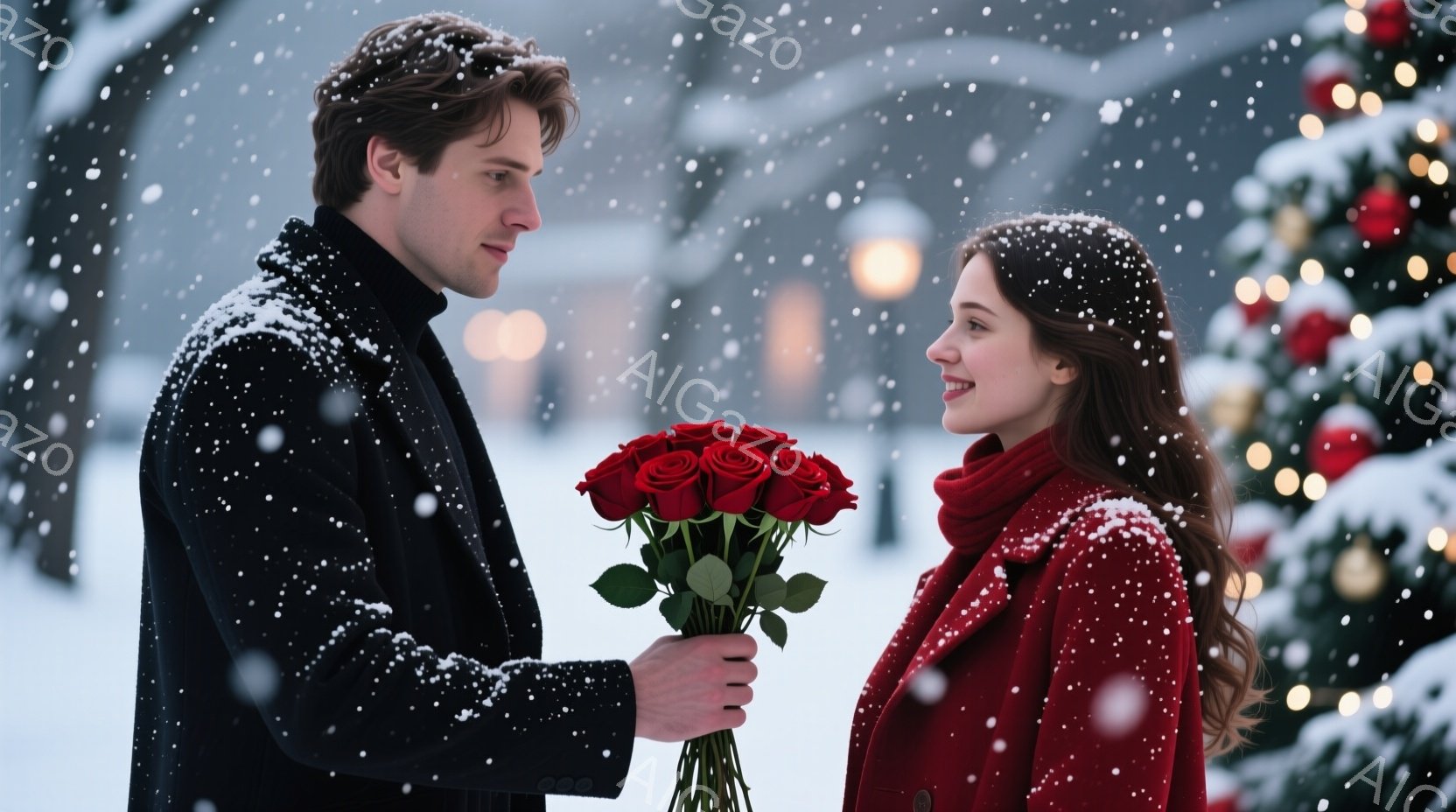 雪が舞う冬の景色の中で、男性が女性に赤いバラの花束を差し出している。男性は黒いコートを着ており、女性は赤いコートとマフラーを着用し、微笑んでいる。背景には雪で覆われた木々とぼんやりとした街灯が見え、ロマンチックで温かい雰囲気が漂っている。
